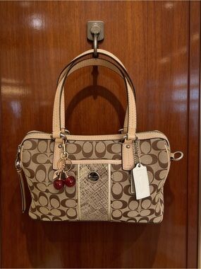 Coach Y2K Signature Khaki Python Stripe Satchel with Cherry Charm